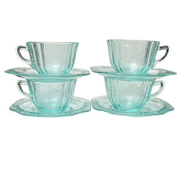 Vintage teal glass teacup set - teal glass set of four teacups and saucers - Picture 7 of 7